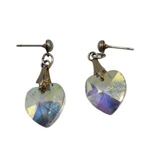 Vintage Iridescent Heart-Shaped Crystal Drop Earrings With Silver-Tone Posts For